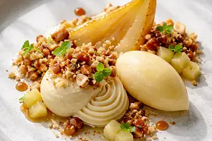 Modern dessert: Pear in three textures with almond crumble and caramelized nuts