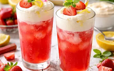 Spring rhubarb-strawberry drink with fluffy lemon foam