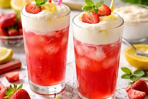 Spring rhubarb-strawberry drink with fluffy lemon foam