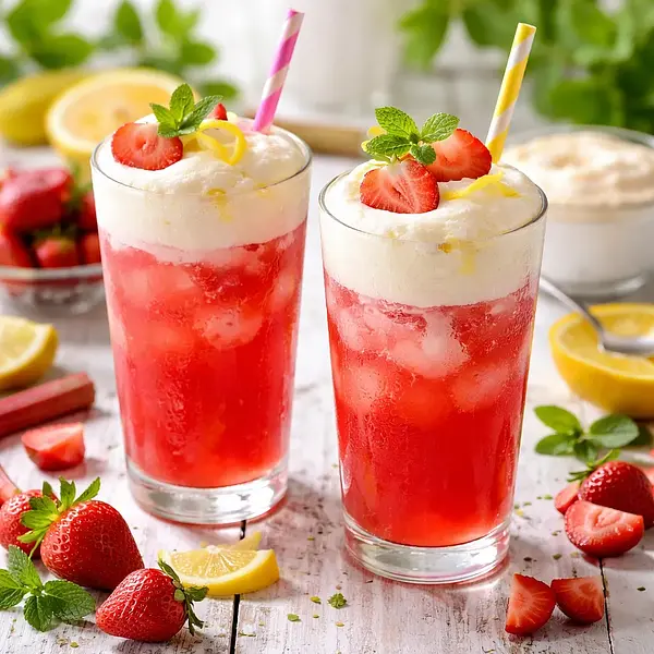 Wiosenny napój rabarbarowo-truskawkowy z puszystą pianą cytrynową