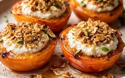 Pieczone persymony z kremem ricotta i migdałowo-owsianym crumble