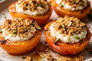 Pieczone persymony z kremem ricotta i migdałowo-owsianym crumble