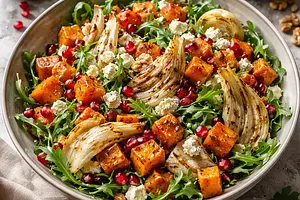 Sałatka zimowa z pieczoną dynią piżmową, grillowanym fenkułem i granatem