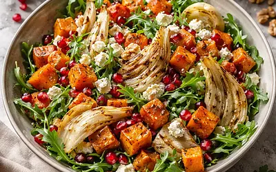 Winter salad with roasted butternut squash, grilled fennel, and pomegranate