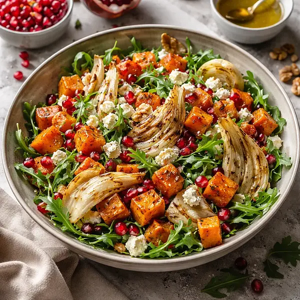 Sałatka zimowa z pieczoną dynią piżmową, grillowanym fenkułem i granatem