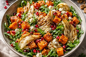Winter salad with roasted butternut squash, grilled fennel, and pomegranate
