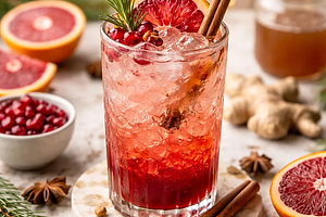 Winter mocktail with pomegranate, blood orange, and ginger-cinnamon syrup