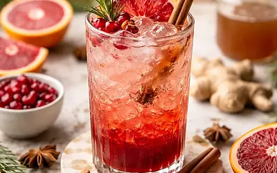 Winter mocktail with pomegranate, blood orange, and ginger-cinnamon syrup