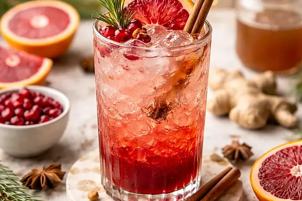 Zimowy mocktail z granatem, krwistą pomarańczą i syropem imbirowo-cynamonowym