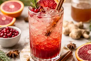Zimowy mocktail z granatem, krwistą pomarańczą i syropem imbirowo-cynamonowym