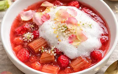 Spring Rhubarb-Strawberry Compote with White Foam and Rose Petals