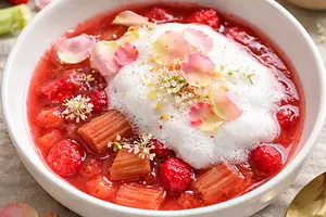 Spring Rhubarb-Strawberry Compote with White Foam and Rose Petals