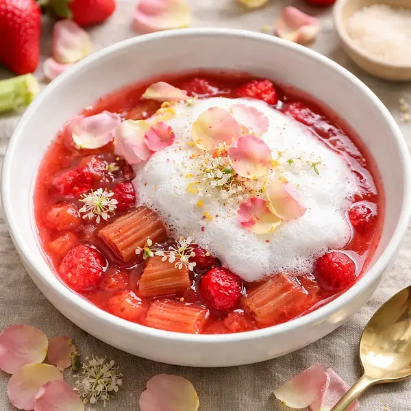 Wiosenny kompot rabarbarowo-truskawkowy z białą pianką i płatkami róży