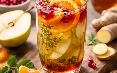 Warming fusion drink: Pear-ginger on green tea with pomegranate syrup and tangerine foam