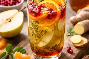 Warming fusion drink: Pear-ginger on green tea with pomegranate syrup and tangerine foam