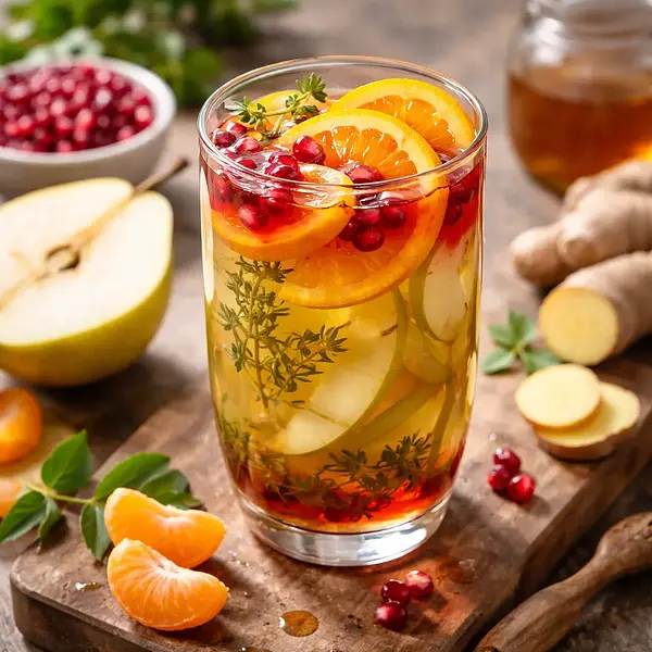 Rozgrzewający napój fusion: Gruszka‑imbir na zielonej herbacie z syropem z granatu i mandarynkową pianą