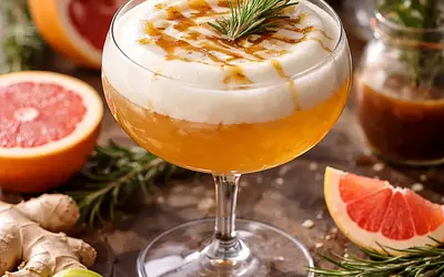 Winter Citrus-Ginger Cocktail with Rosemary Caramel and Aquafaba Foam