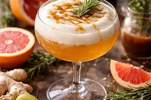 Winter Citrus-Ginger Cocktail with Rosemary Caramel and Aquafaba Foam