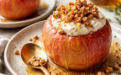 Baked apples with ricotta cream, hazelnut praline, and honey sauce