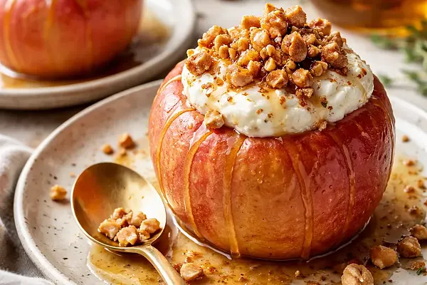 Pieczone jabłka z kremem ricotta, praliną z orzechów laskowych i miodowym sosem