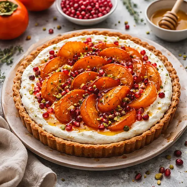 Sezonowa tarta krucha z kremem ricotta-mascarpone, karmelizowanymi kaki i nasionami granatu (wariant 923c3fe4)