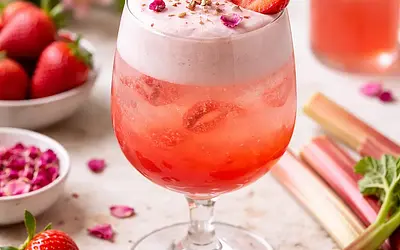 Spring Rhubarb-Strawberry Cocktail with Rose Foam