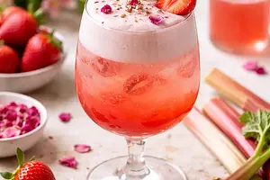 Spring Rhubarb-Strawberry Cocktail with Rose Foam