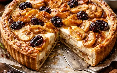 Traditional baked apple pie with roasted apples, dried plums, and vanilla cream cheese