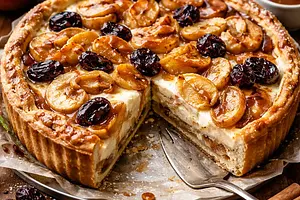 Traditional baked apple pie with roasted apples, dried plums, and vanilla cream cheese