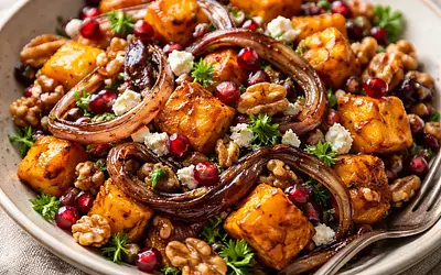 Traditional winter salad with roasted pumpkin, caramelized onions, walnuts, and pomegranate