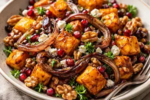 Traditional winter salad with roasted pumpkin, caramelized onions, walnuts, and pomegranate