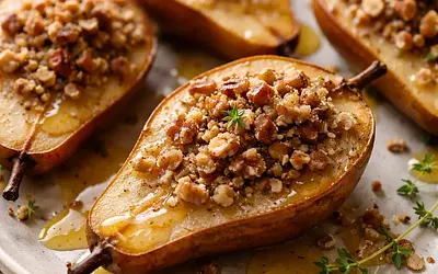 Baked Pears with Nut Crumble and Honey-Ginger Sauce