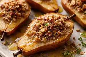 Baked Pears with Nut Crumble and Honey-Ginger Sauce