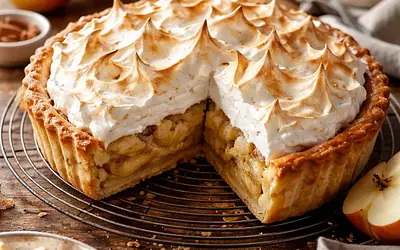 Traditional apple pie on shortcrust pastry with meringue topping