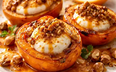 Baked persimmons with ricotta cream, hazelnut praline, and orange-cinnamon sauce