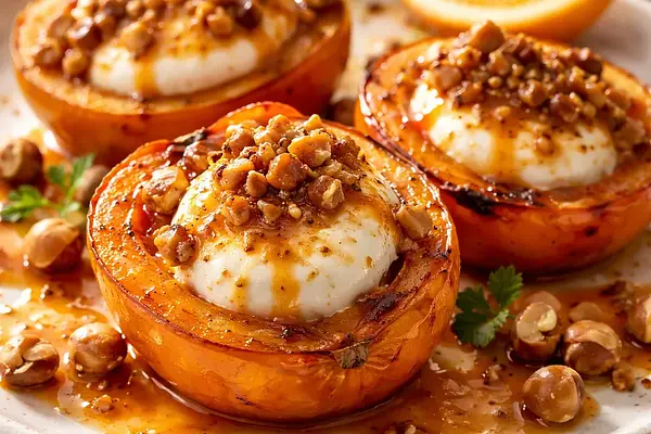 Pieczone persymony z kremem ricottowym, pralinką z orzechów laskowych i sosem pomarańczowo-cynamonowym