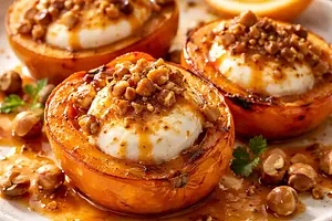 Baked persimmons with ricotta cream, hazelnut praline, and orange-cinnamon sauce