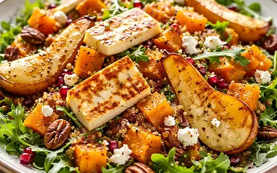 Sałatka fusion: pieczona dynia piżmowa z quinoa, karmelizowaną gruszką i halloumi
