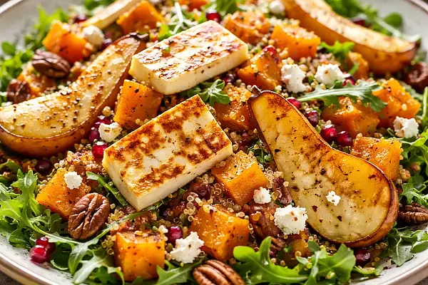 Sałatka fusion: pieczona dynia piżmowa z quinoa, karmelizowaną gruszką i halloumi