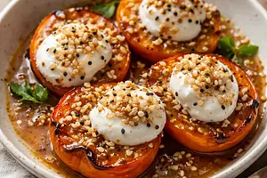 Baked persimmons in miso-caramel with coconut-yogurt cream and toasted rice (winter fusion)