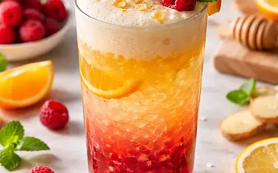 Layered citrus-raspberry drink with ginger foam (modern version)