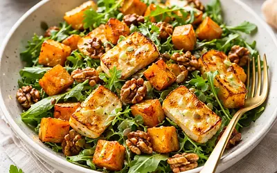 Szybka ciepła sałatka z dynią piżmową, halloumi i orzechami włoskimi