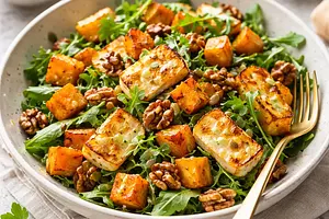 Szybka ciepła sałatka z dynią piżmową, halloumi i orzechami włoskimi