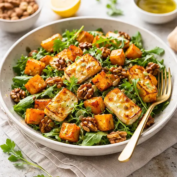 Szybka ciepła sałatka z dynią piżmową, halloumi i orzechami włoskimi