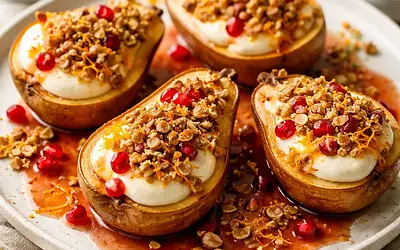 Pieczone gruszki z kremem mascarpone i sosem granatowo‑pomarańczowym z owsiano‑orzechową kruszonką