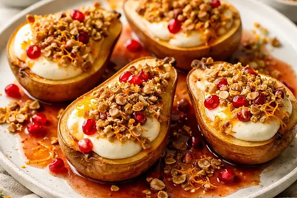 Pieczone gruszki z kremem mascarpone i sosem granatowo‑pomarańczowym z owsiano‑orzechową kruszonką