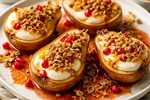 Pieczone gruszki z kremem mascarpone i sosem granatowo‑pomarańczowym z owsiano‑orzechową kruszonką