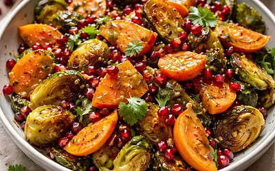 Fusion salad: roasted Brussels sprouts with persimmon, pomegranate, and miso-honey dressing
