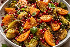 Fusion salad: roasted Brussels sprouts with persimmon, pomegranate, and miso-honey dressing
