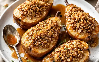 Baked Pears with Almond Crumble and Honey-Caramel Sauce